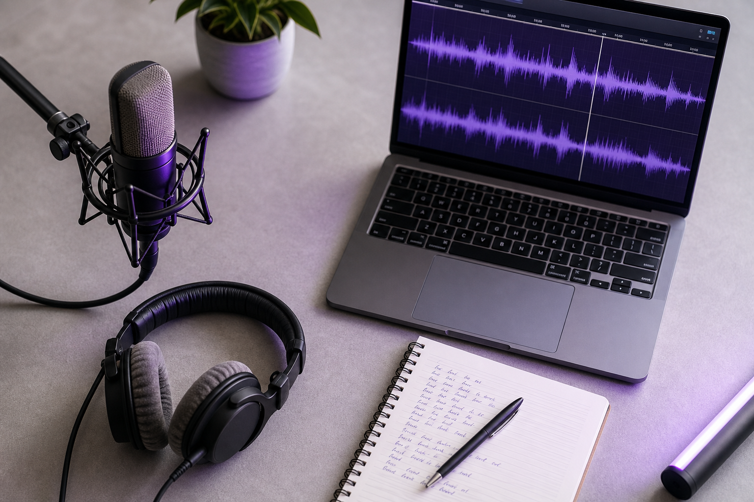 Flat-lay overhead shot of a creator's desk — condenser microphone, over-ear headphones, laptop showing an audio waveform being edited, a notebook with handwritten lyrics/script.