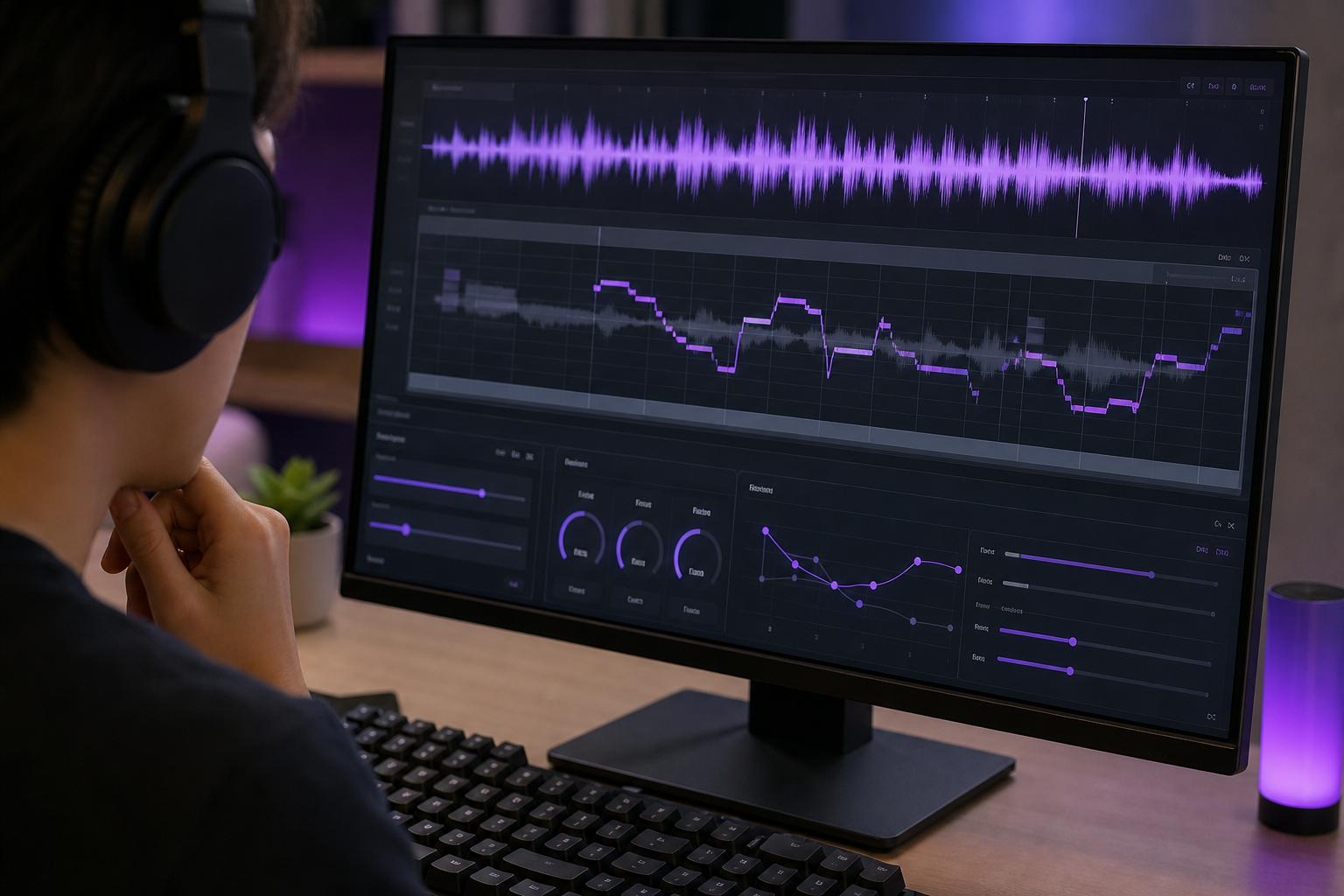 Close-up of an audio editing interface on screen showing pitch, speed, and emphasis controls with a waveform — over-the-shoulder view.