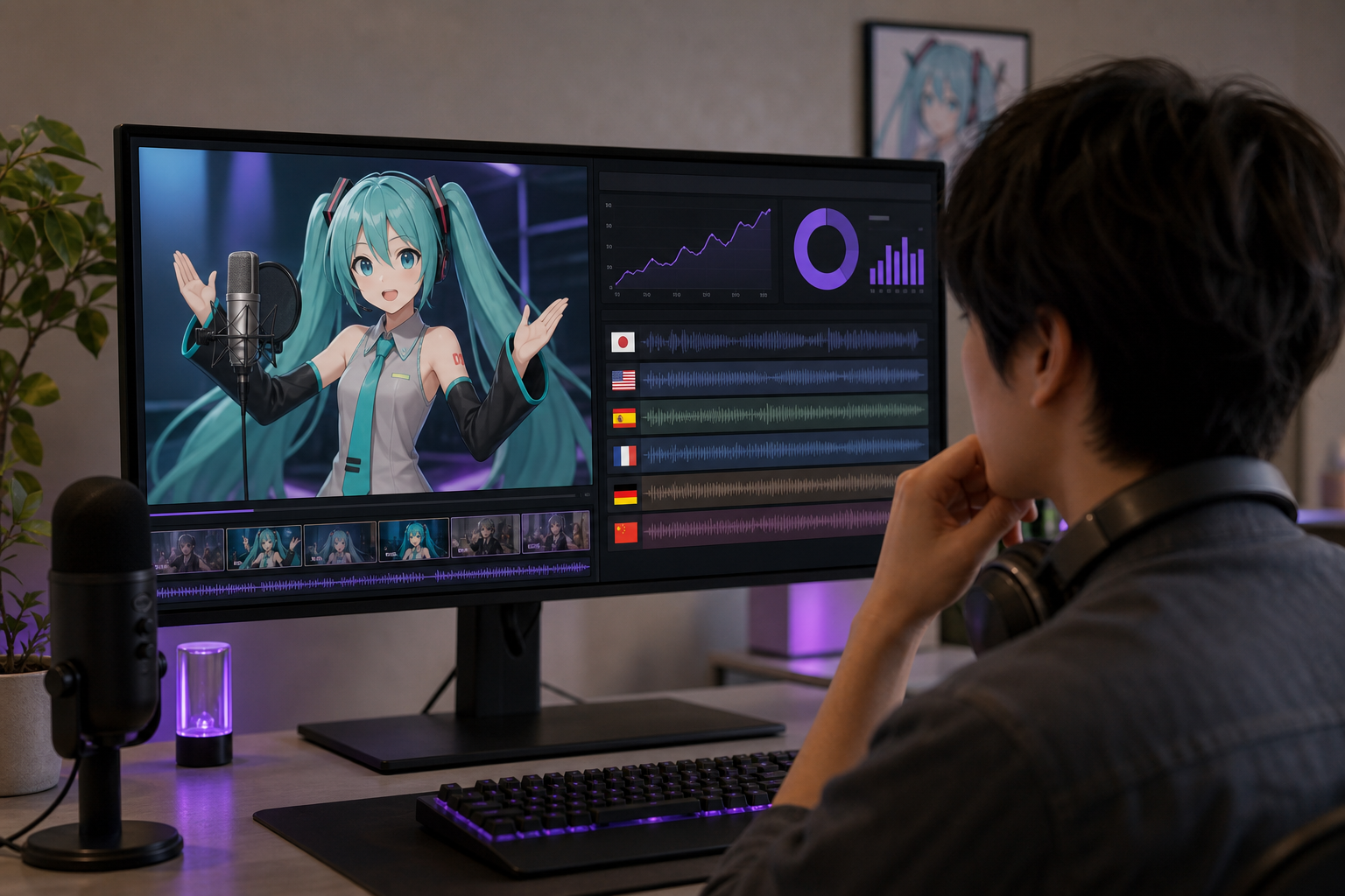A creator at a monitor reviewing a published video with an analytics dashboard and multilingual caption tracks visible on screen.