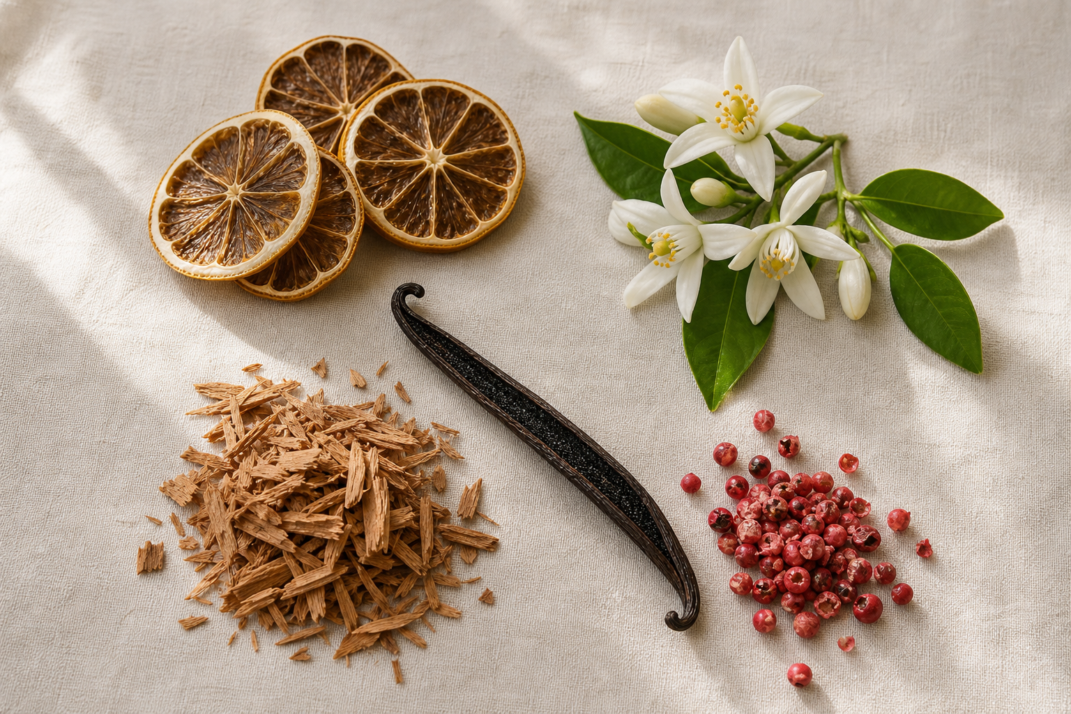 Editorial flat-lay on natural linen — dried bergamot slices, fresh neroli/orange blossoms, a single split vanilla pod, cedar wood shavings, and a small pile of pink peppercorns arranged loosely with soft daylight from the left, top-down angle. No bot