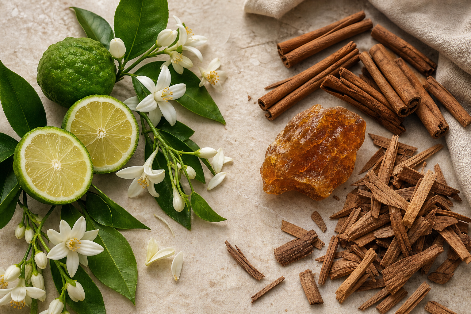 Seasonal two-pole still-life — LEFT side fresh cluster: bergamot halves, fresh neroli blossoms, green leaves; RIGHT side warm cluster: cinnamon bark, a lump of amber-colored resin, sandalwood chips. Arranged on stone/linen, natural light, top-down. B
