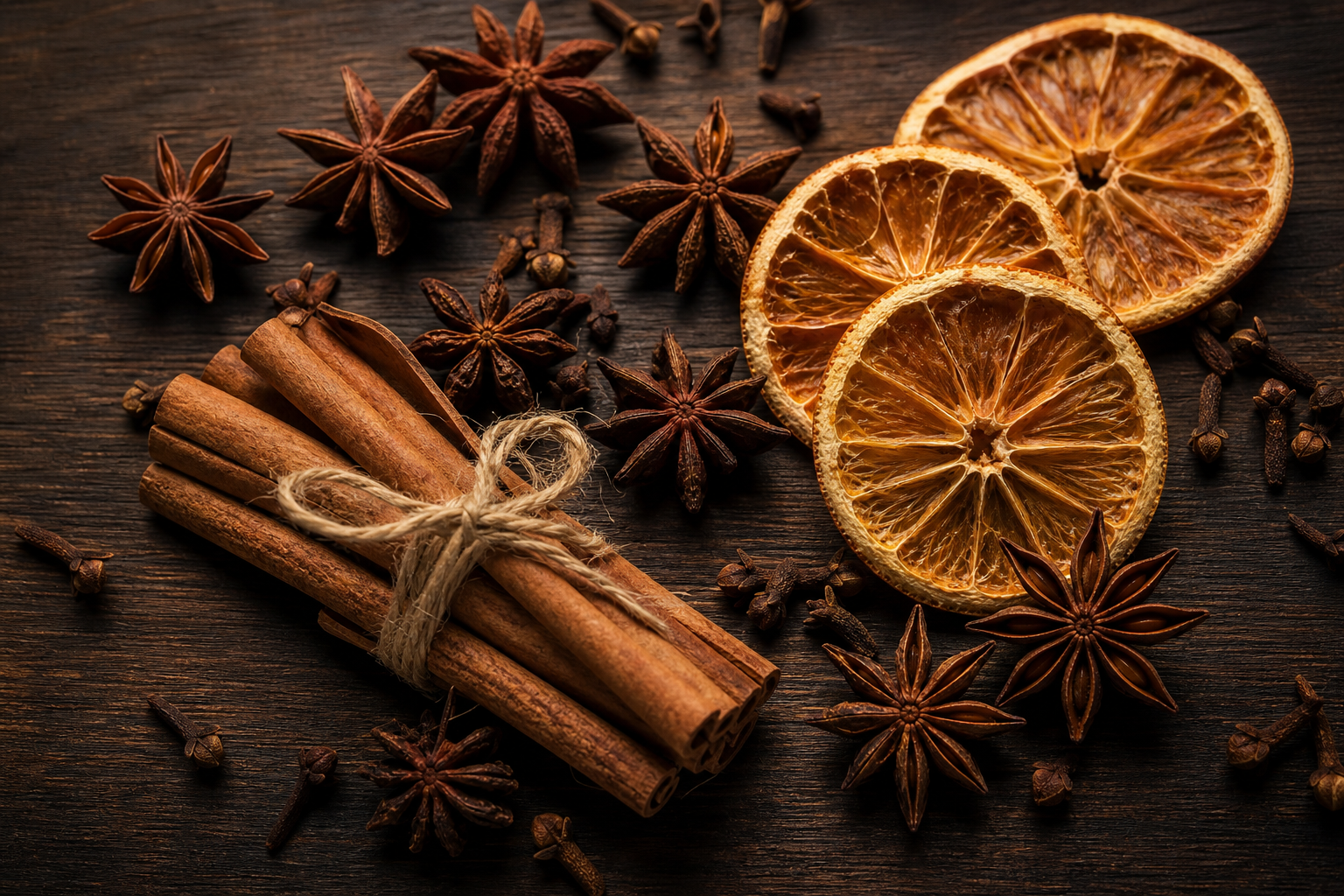 Autumn/winter "value" still-life — a small heap of whole star anise, cinnamon sticks tied with twine, dried orange slices, and a few clove buds scattered on dark wood, warm low light, top-down. Botanicals/spices only — no bottles, packaging