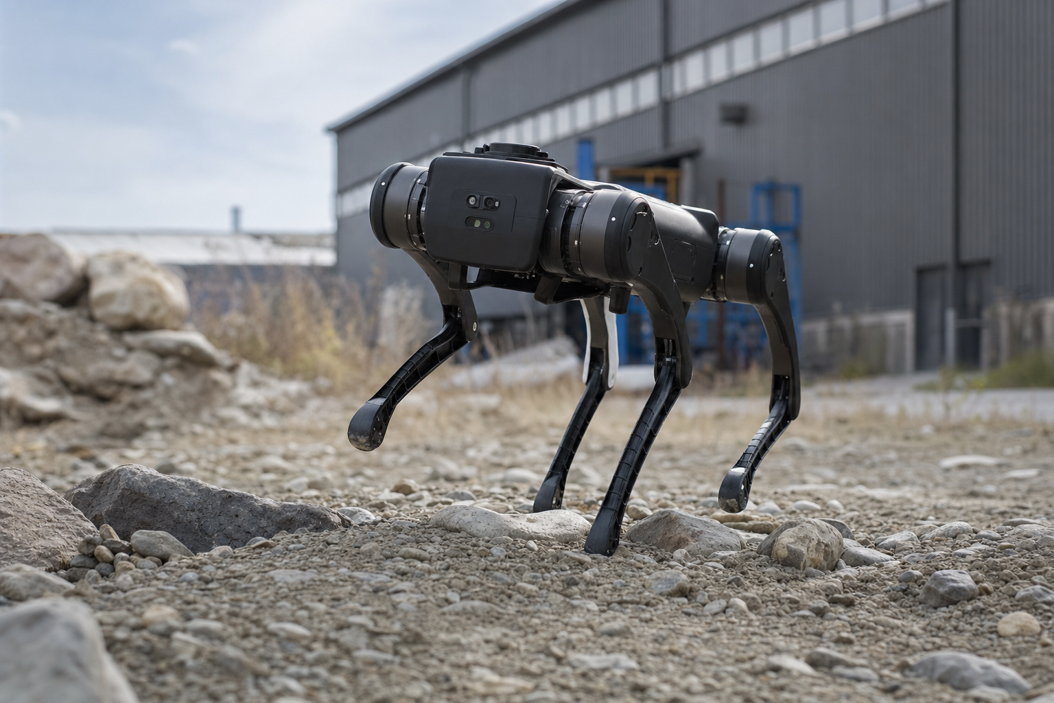 A Unitree-class quadruped robot mid-stride on uneven outdoor gravel terrain, dynamic action shot, one leg lifted, shallow depth of field, industrial-research setting, natural daylight.