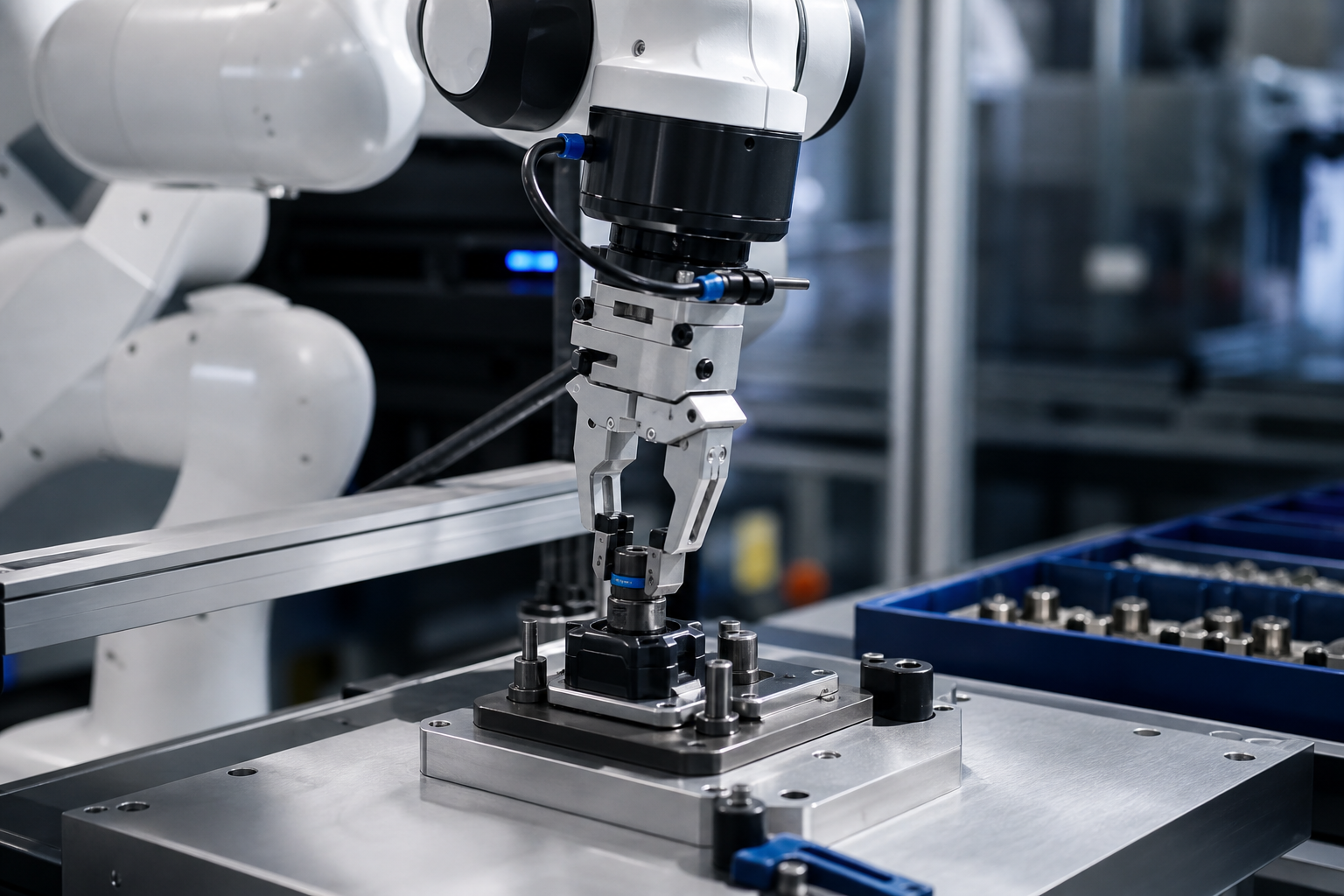 A Franka-class robot arm executing a precision insertion task on an industrial assembly bench, gripper closing on a small component, controlled factory lighting, close crop on the end-effector.
