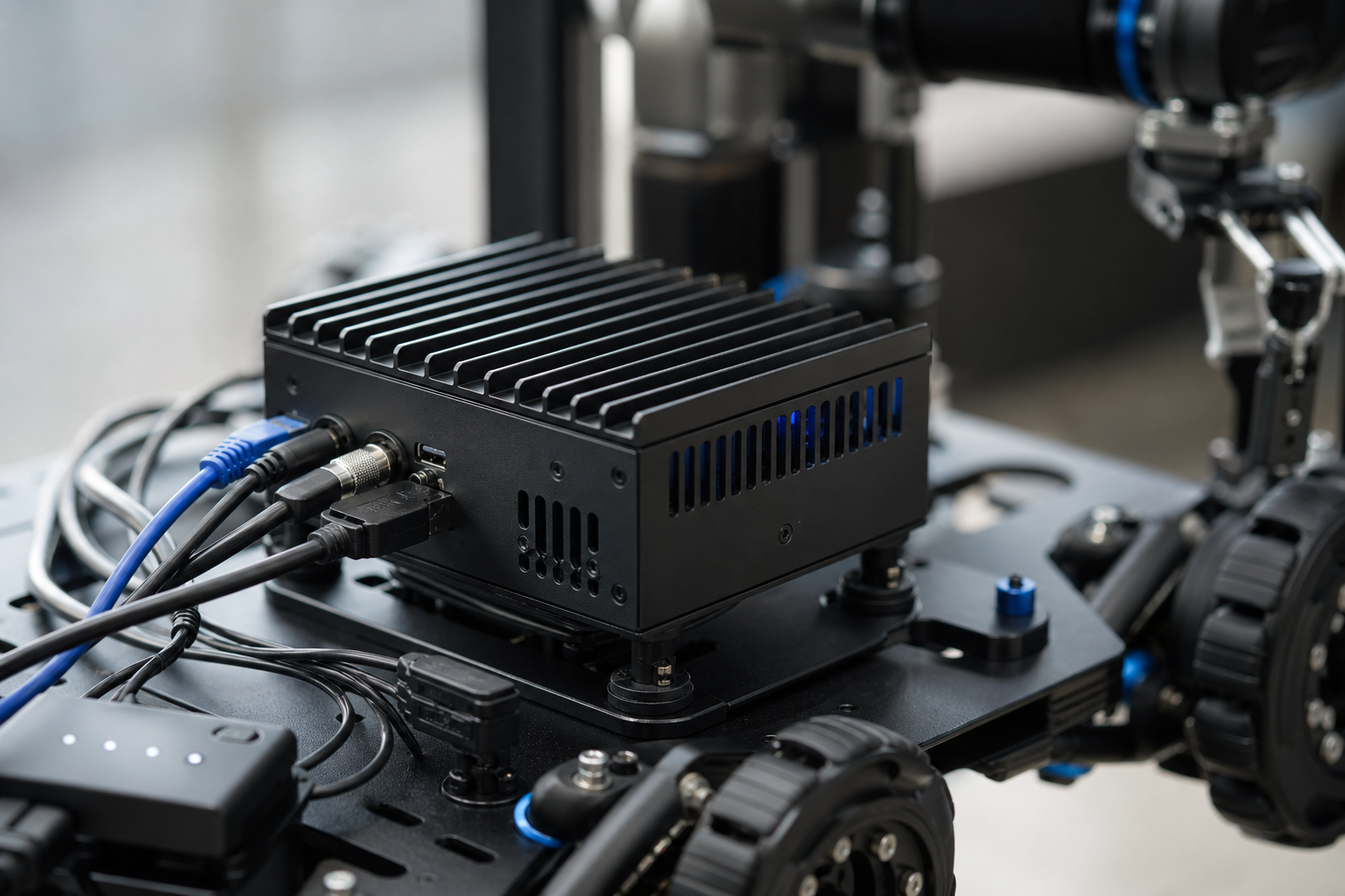 A compact NVIDIA Jetson-class edge compute enclosure mounted on a robot chassis, cables connected, illustrating on-robot inference hardware, macro detail shot.