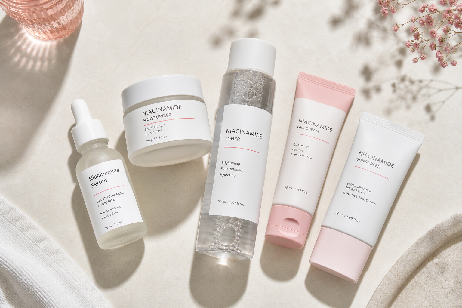 A clean, bright flat-lay from directly overhead on a pale surface: five skincare products with visible labels partly reading 'niacinamide' — a serum dropper bottle, a moisturizer jar, a toner bottle, a tube, and a sunscreen — arranged in a loose fan.
