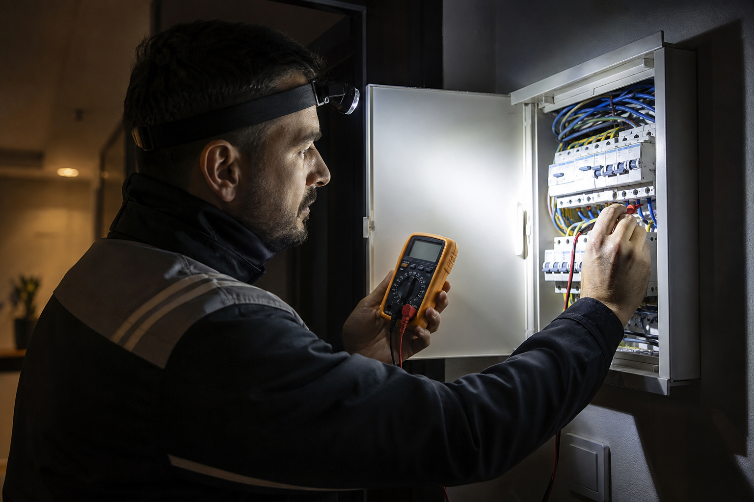 Gece vakti bir dairenin sigorta panosu önünde, marka iş kıyafetli bir elektrik teknisyeni; elinde multimetre, panonun kapağı açık, teknisyen ölçüm alıyor. Loş iç mekan, teknisyenin el feneri/kafa lambası ışığı panoyu aydınlatıyor. Orta-yakın açı.