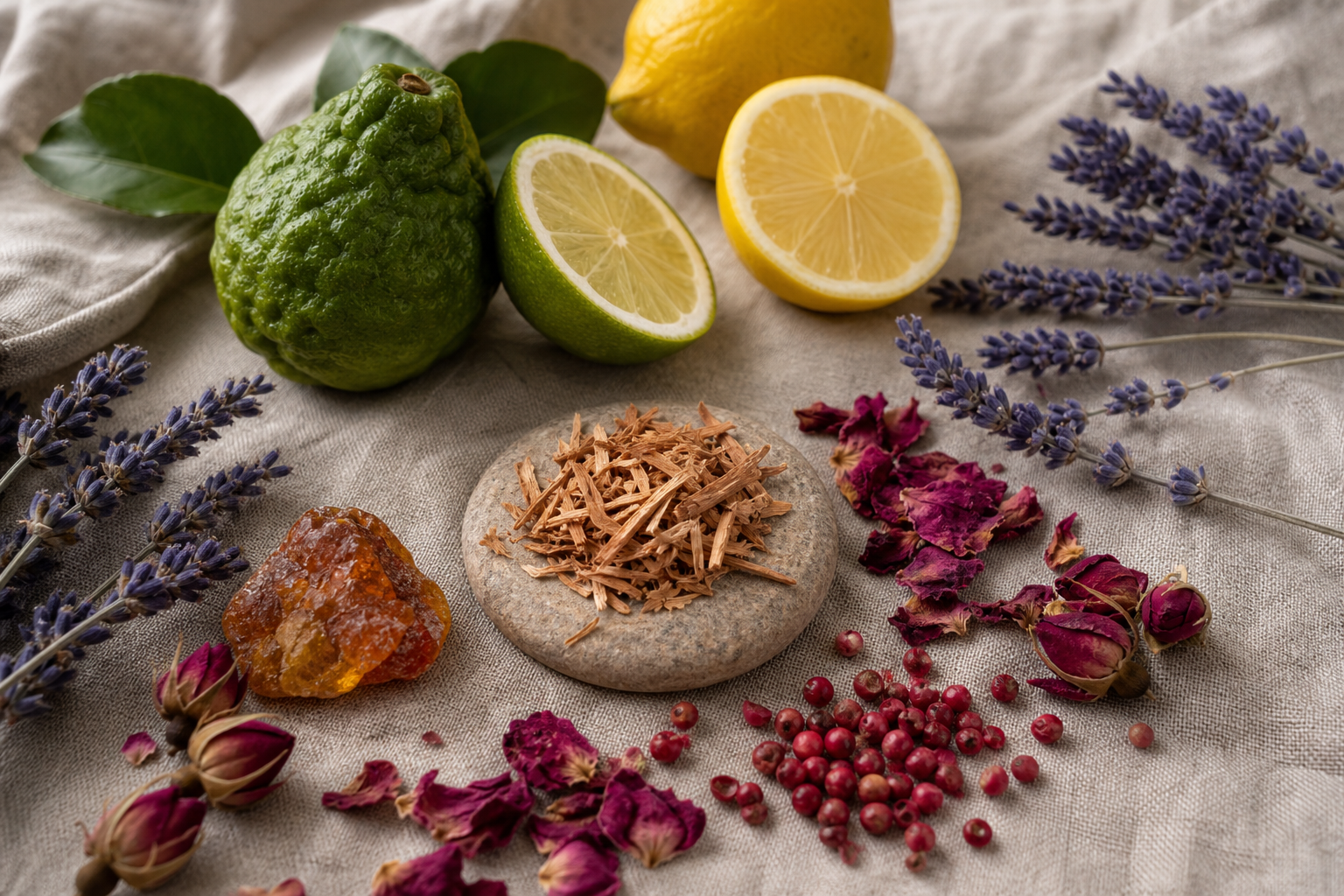 Editorial overhead flat-lay on a warm neutral linen surface: fresh bergamot and lemon halves, sprigs of lavender, a few dried rose petals, a small pile of cedar shavings and a piece of amber resin, scattered whole pink peppercorns. Soft natural side-