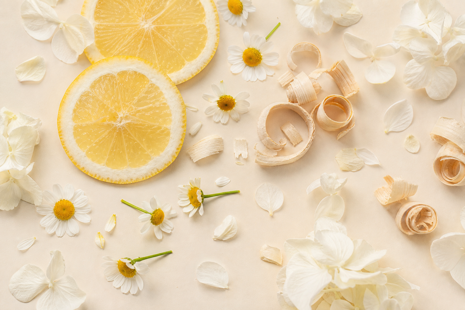 Family-friendly editorial flat-lay: fresh citrus slices, soft light petals, a few chamomile flowers, pale wood shavings on a bright pastel surface — a gentle, low-intensity palette signaling child/family safety. No bottle, packaging, or container of