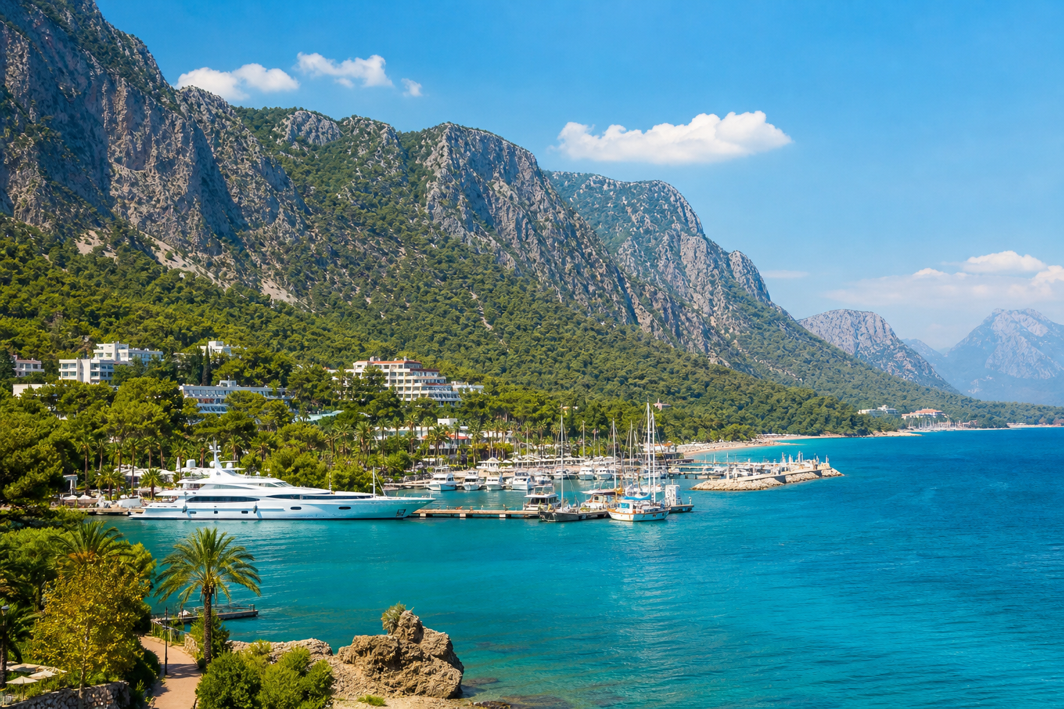 Weite, helle Aufnahme der Küste von Kemer, wo das Taurusgebirge direkt ins türkisfarbene Wasser abfällt, Marina und Resortstreifen sichtbar, warmes Mittagslicht