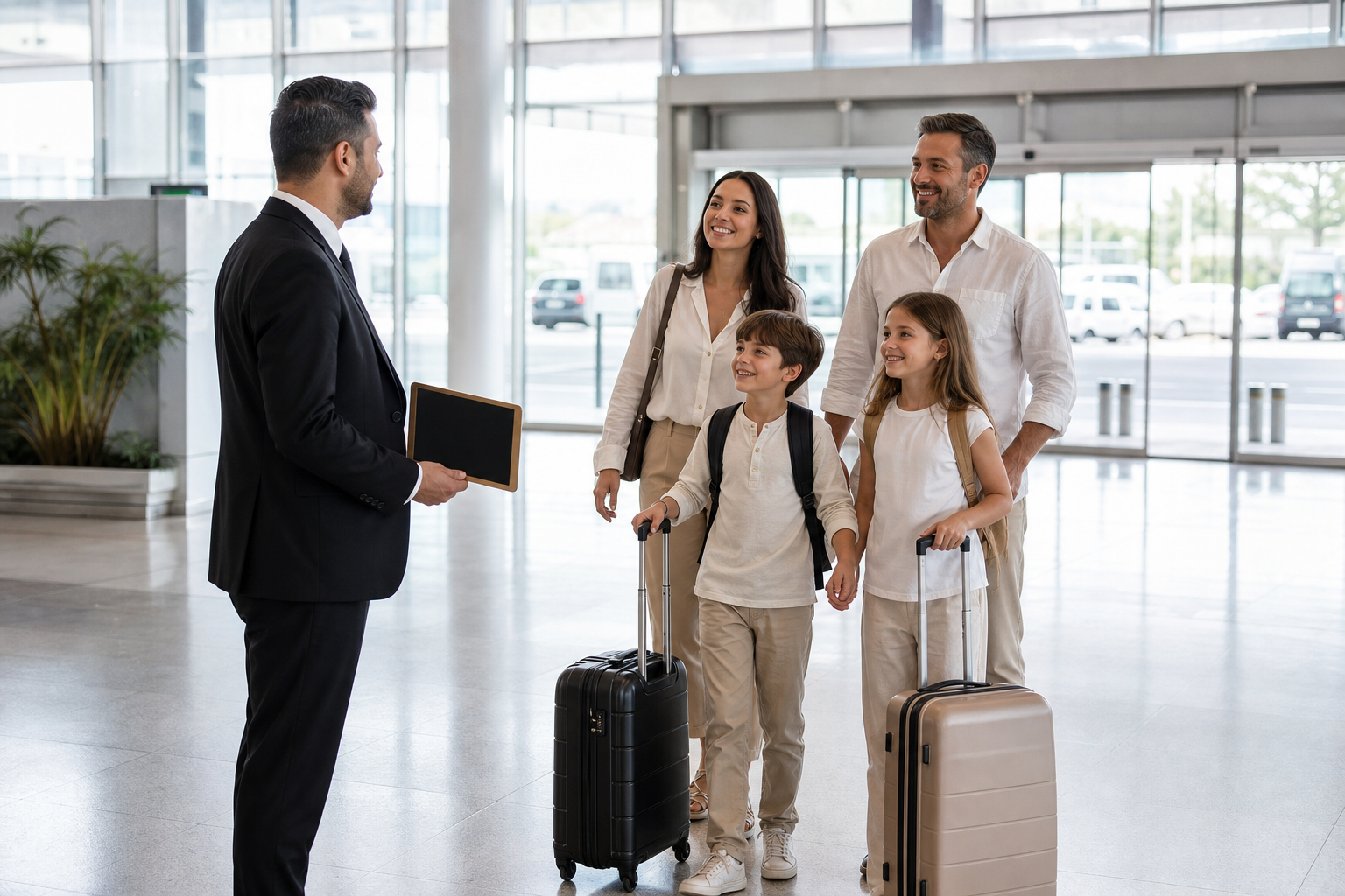 Ein uniformierter Chauffeur mit Namensschild begrüßt herzlich eine ankommende Familie (Erwachsene + zwei Kinder mit Gepäck) in der hellen Ankunftshalle von AYT, natürlich und einladend