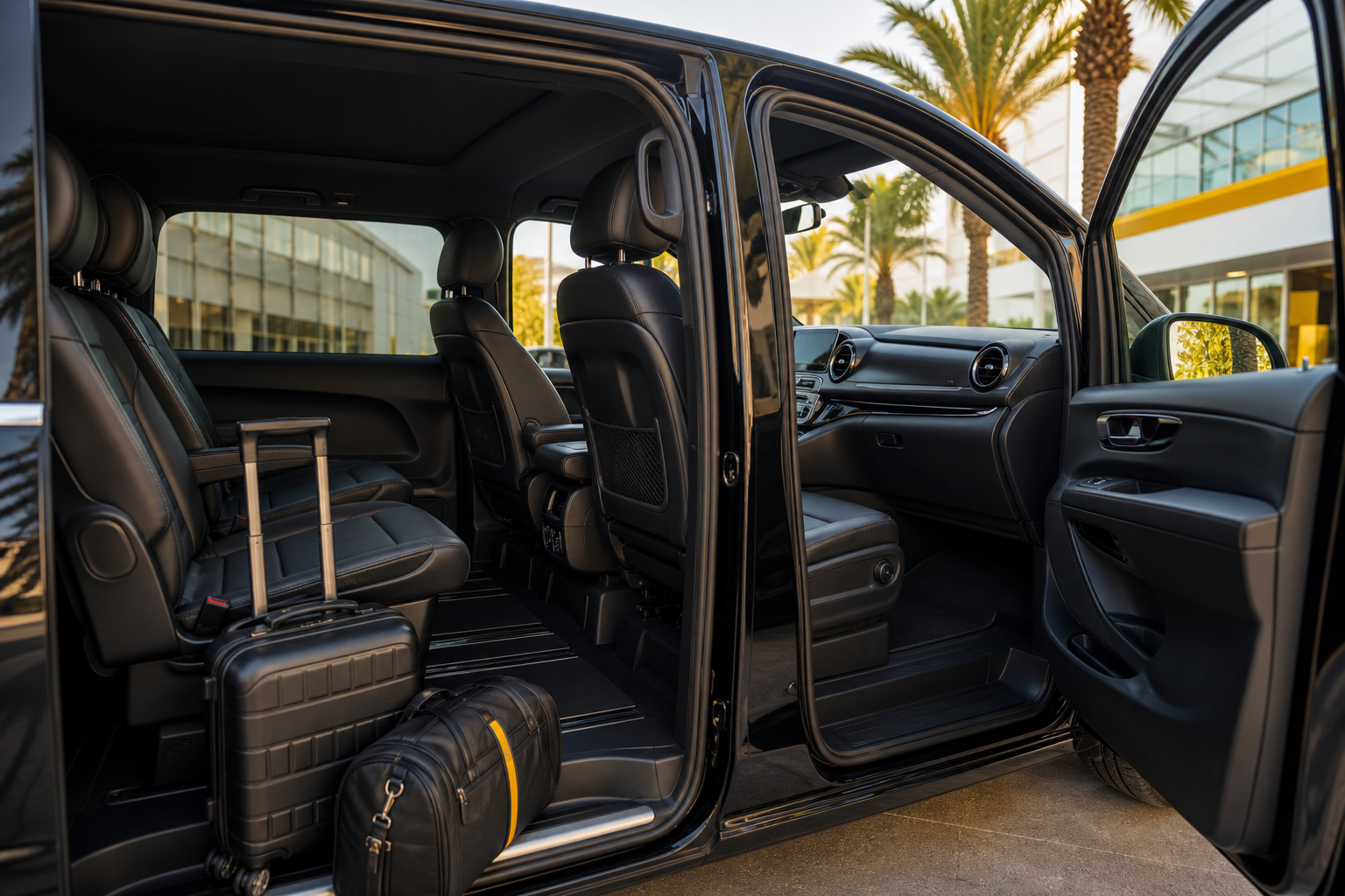 Sauberer Innenraum eines Mercedes Vito mit Beinfreiheit, hochwertigen Sitzen und sichtbarem Gepäckraum, Türen geöffnet, helles Premium-Gefühl