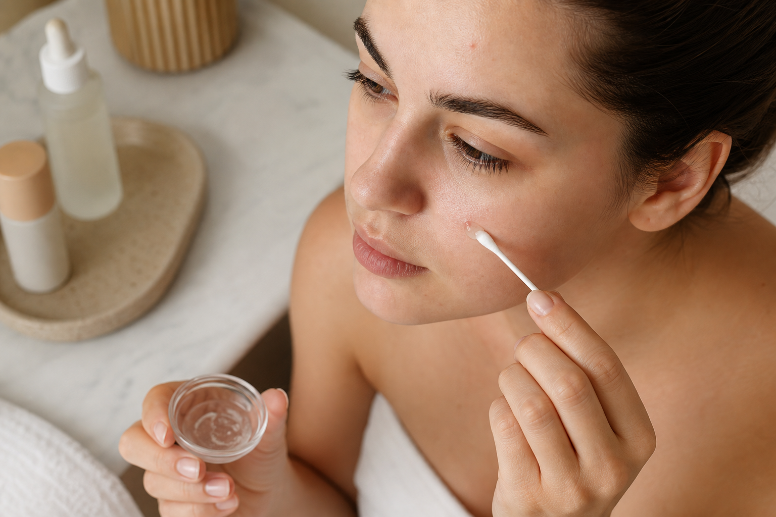 Overhead close-up of a person's hands holding a cotton swab dotting a small amount of clear gel onto a single blemish on a clean, bare face; soft natural bathroom light, calm and clinical-warm tone.