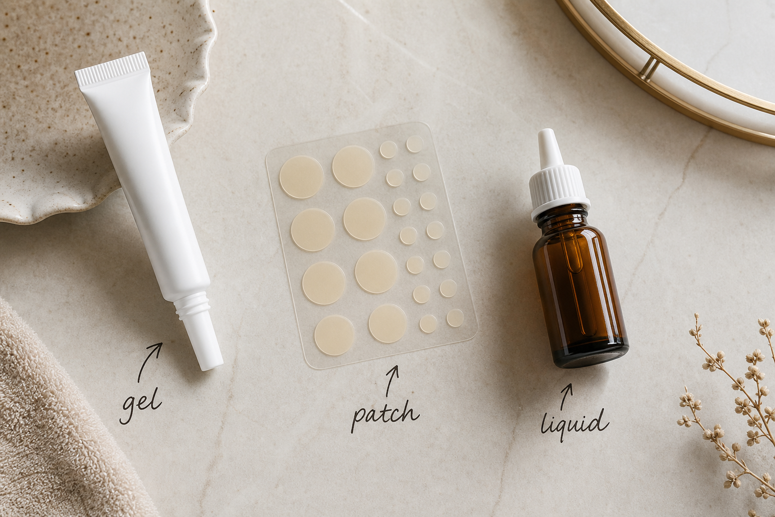 Flat-lay of three spot-treatment formats — a gel tube, a sheet of hydrocolloid patches, and a liquid dab-on bottle — arranged on a clean neutral surface with small handwritten-style labels.