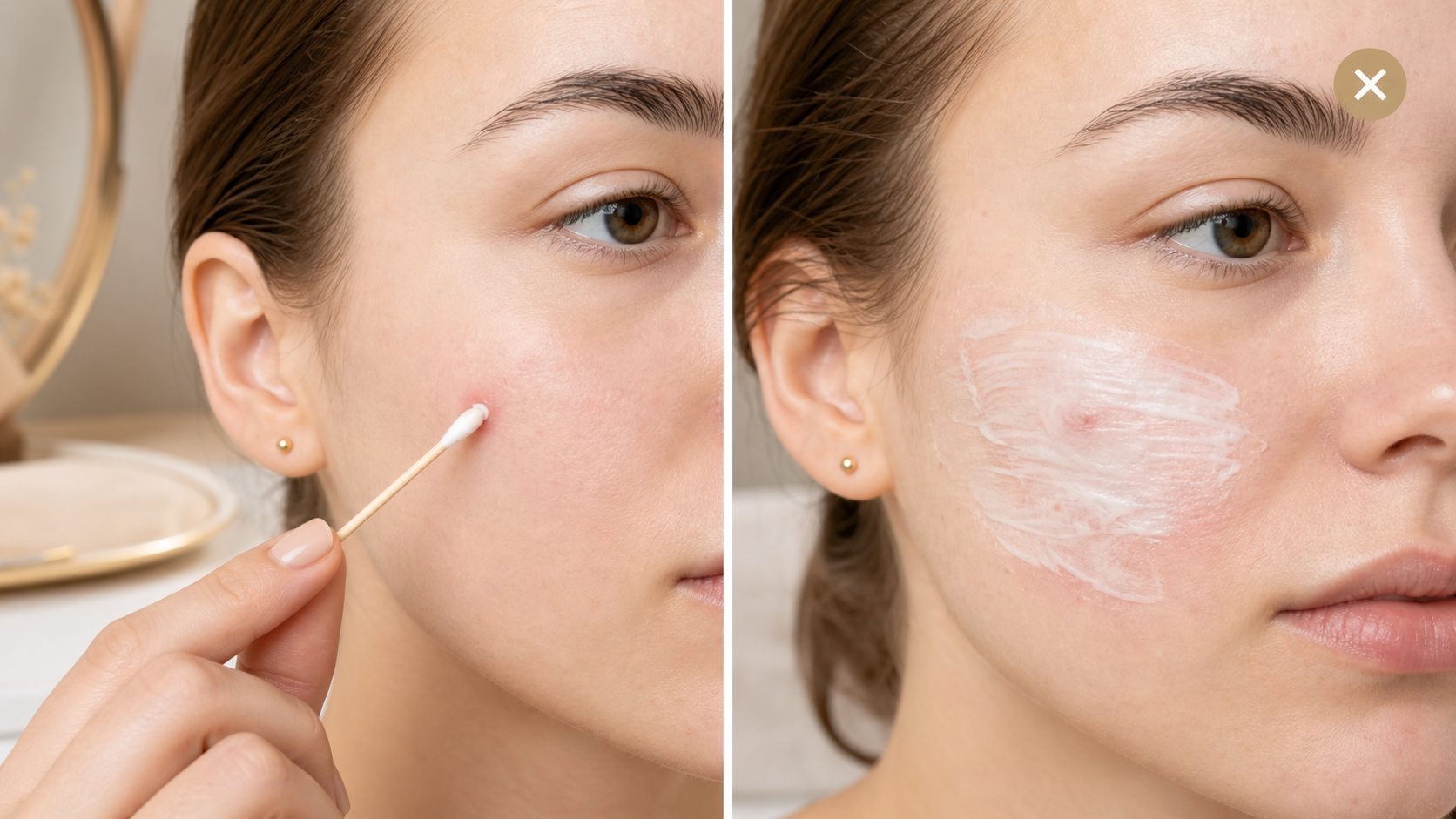 Split close-up — left side shows a correct pinpoint dot of product on one blemish; right side shows an over-application smear covering a wide area, with a subtle "too much" visual cue.