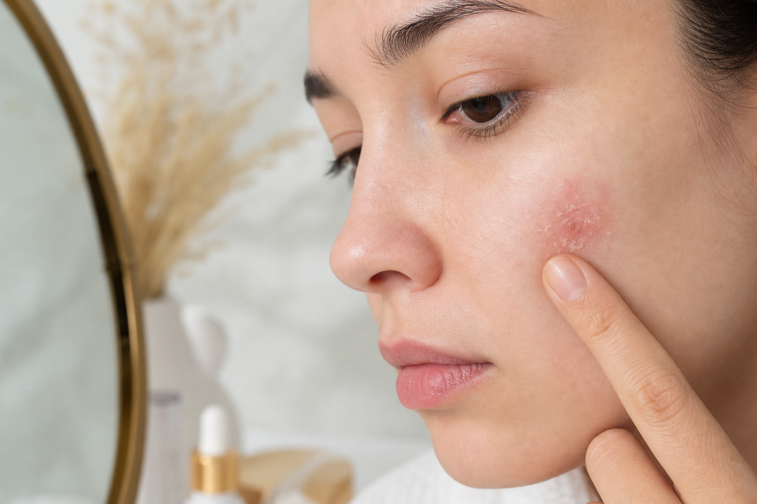 Instructional (not gory) close-up of skin around a healing blemish showing dry flaking and mild irritation halo — demonstrating over-treatment, neutral clinical lighting.