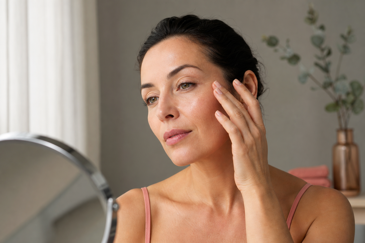 Close-up of a woman in her late 30s–40s examining her skin in natural window light, fingertips gently touching the outer eye/cheek area. Warm, calm, editorial spa tone — no visible product branding. Soft neutral background.