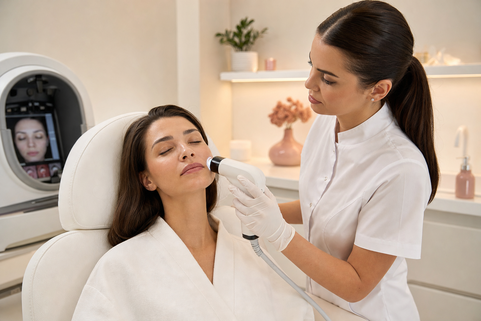 A professional performing a skin analysis (cilt analizi) on a seated female client in a clean, well-lit clinical spa room — analysis device or handheld skin scanner in use, gloved hands, neutral professional setting.