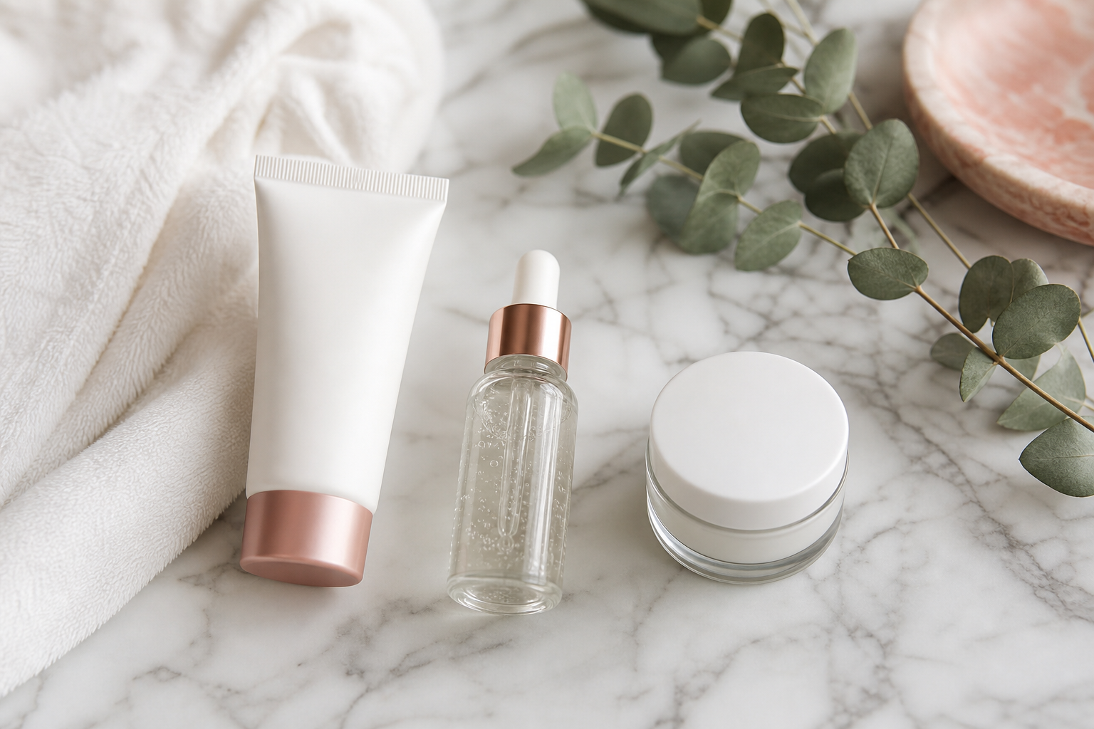 Flat-lay of post-treatment skincare essentials on a clean marble surface: an SPF sunscreen, a moisturizer, and a repairing serum, arranged minimally with a soft towel and a sprig of greenery. Neutral, editorial spa aesthetic, no legible brand names.