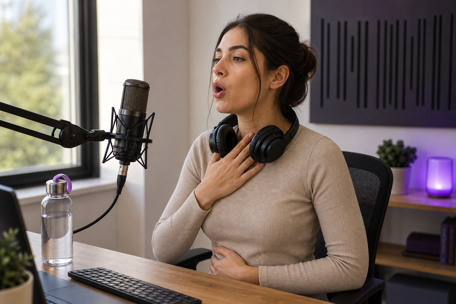 A content creator seated at a home recording desk mid-warm-up — condenser mic on a boom arm, closed headphones around the neck, mouth open in a vowel shape, water bottle beside the keyboard, soft acoustic panel visible behind. Warm natural window lig