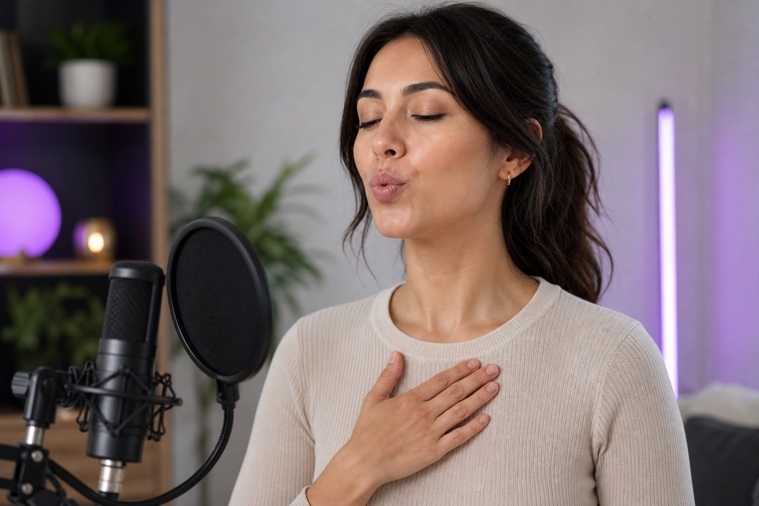Close crop of a person doing a lip trill — relaxed fluttering lips, hand resting on chest, eyes soft. Shows correct posture.