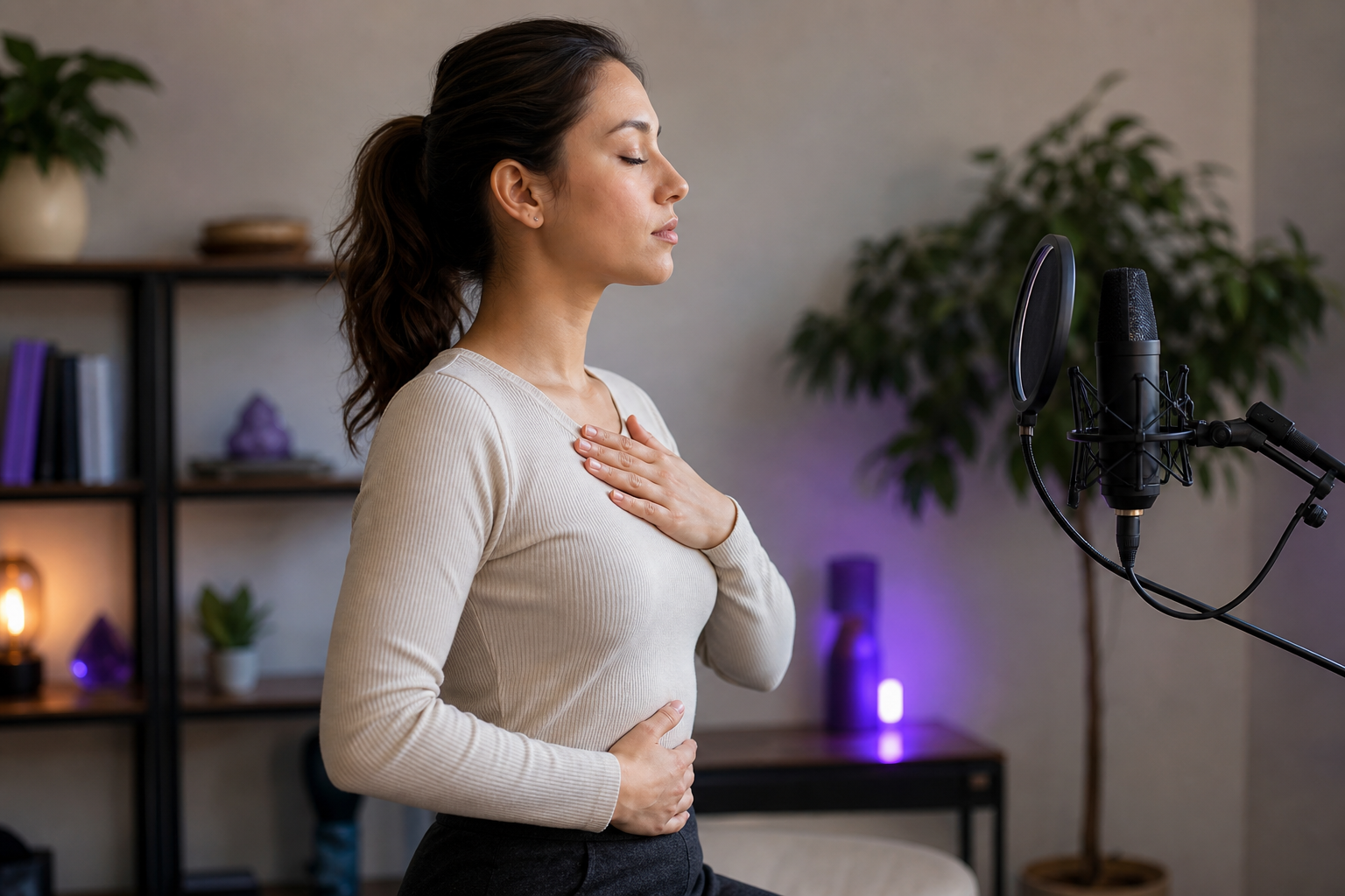 Person with one hand flat on the diaphragm/belly, other on chest, demonstrating diaphragmatic breathing, side profile.