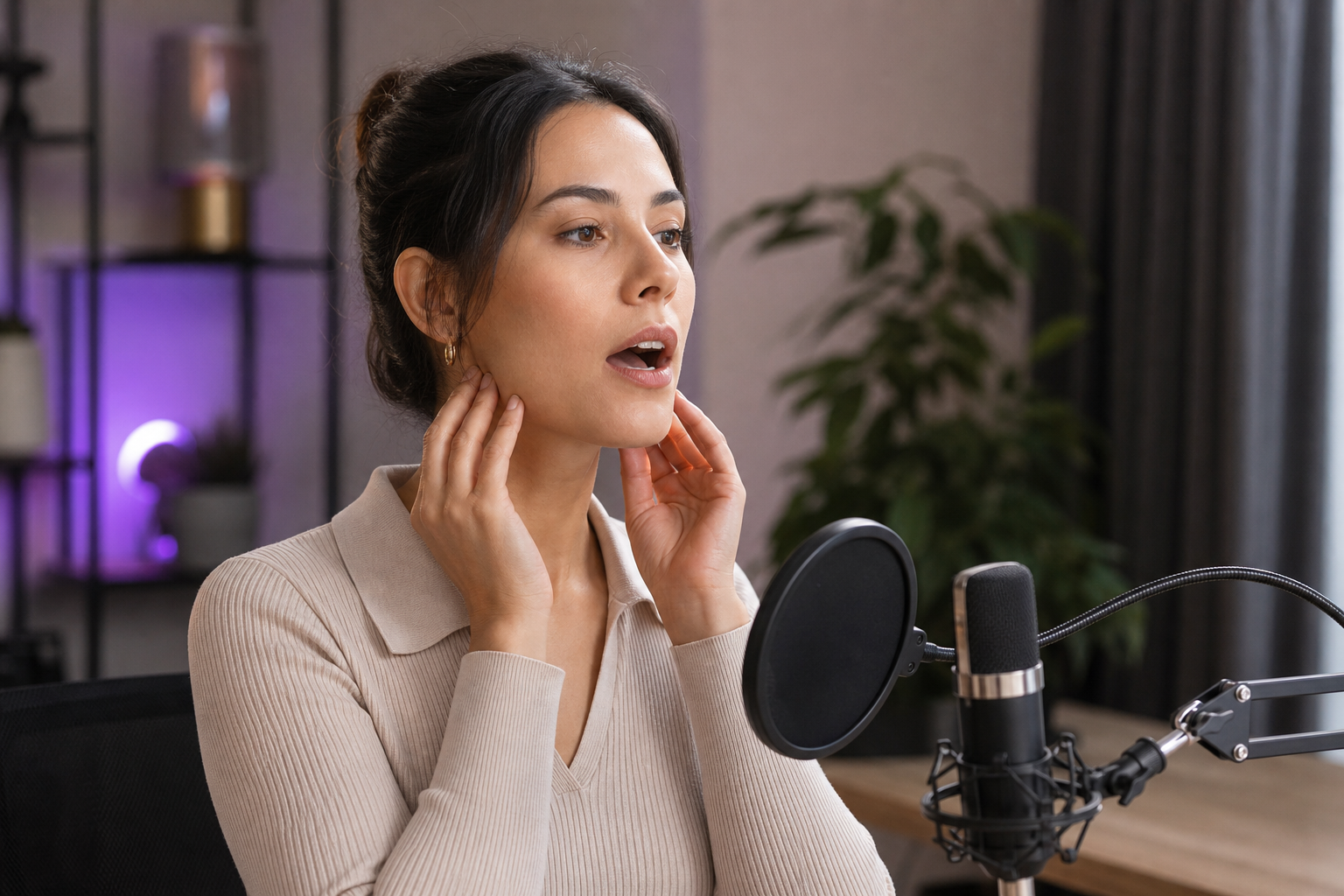 Person doing a jaw/facial release — fingertips at the jaw hinge, mouth relaxed open.
