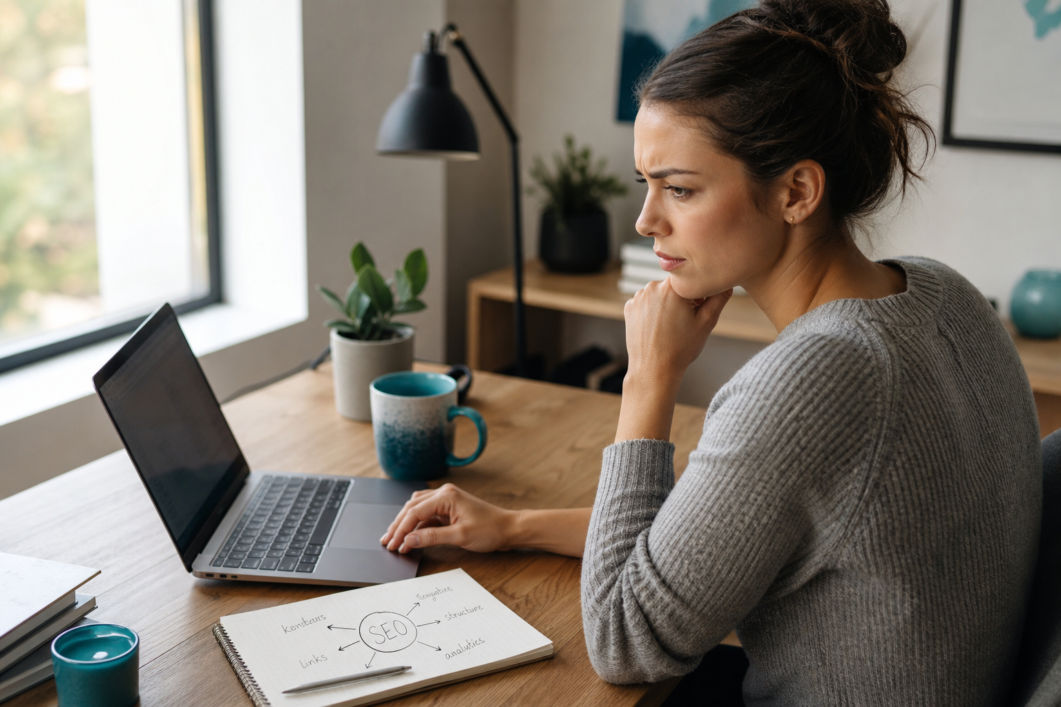 A focused small-business owner or founder at a laptop in a bright workspace, mid-scroll on a blog dashboard, slightly skeptical expression — coffee, notebook with SEO scribbles beside them, shot at a slight over-the-shoulder angle so the screen is im