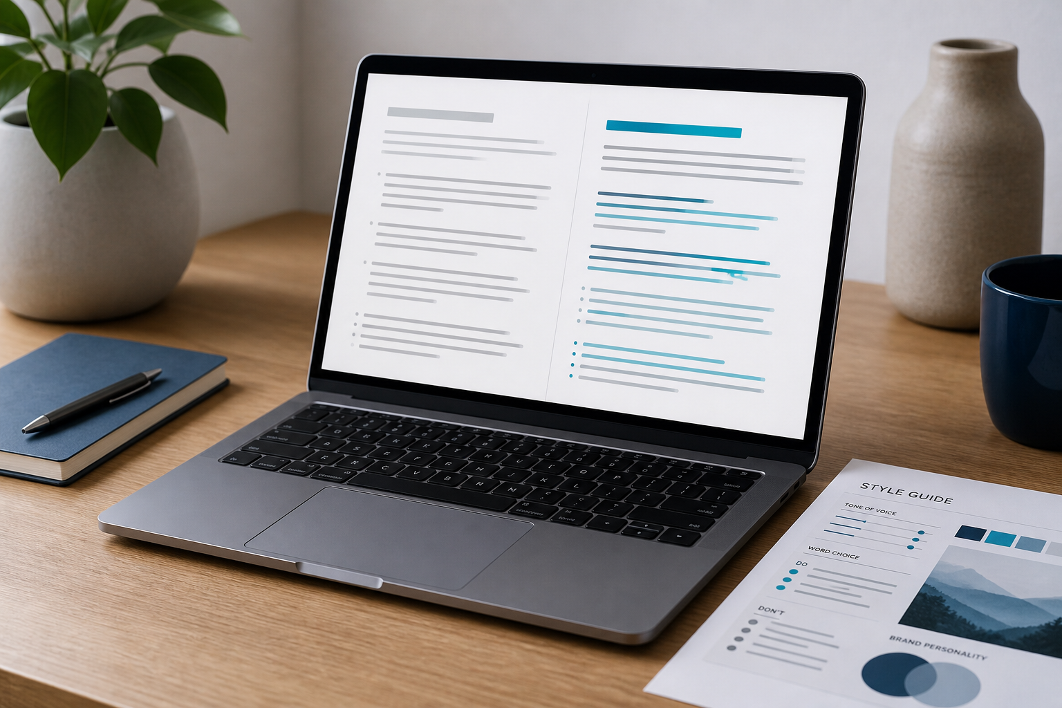 A laptop screen scene showing a brand-voice settings panel or a side-by-side before/after copy comparison (generic draft vs. on-brand rewrite), shot flat and clean on a desk with a style-guide printout beside it.