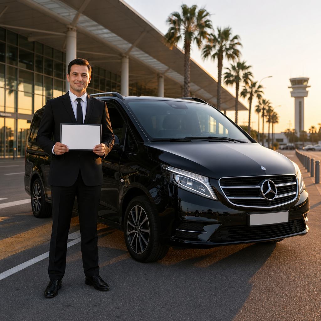 Antalya Havalimanı önünde isim tabelası tutan şoför ve siyah Mercedes Vito VIP transfer aracı