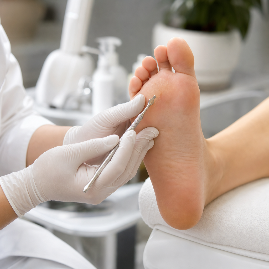 Klinik ortamda uzmanın steril aletlerle yaptığı medikal ayak bakımı uygulaması.