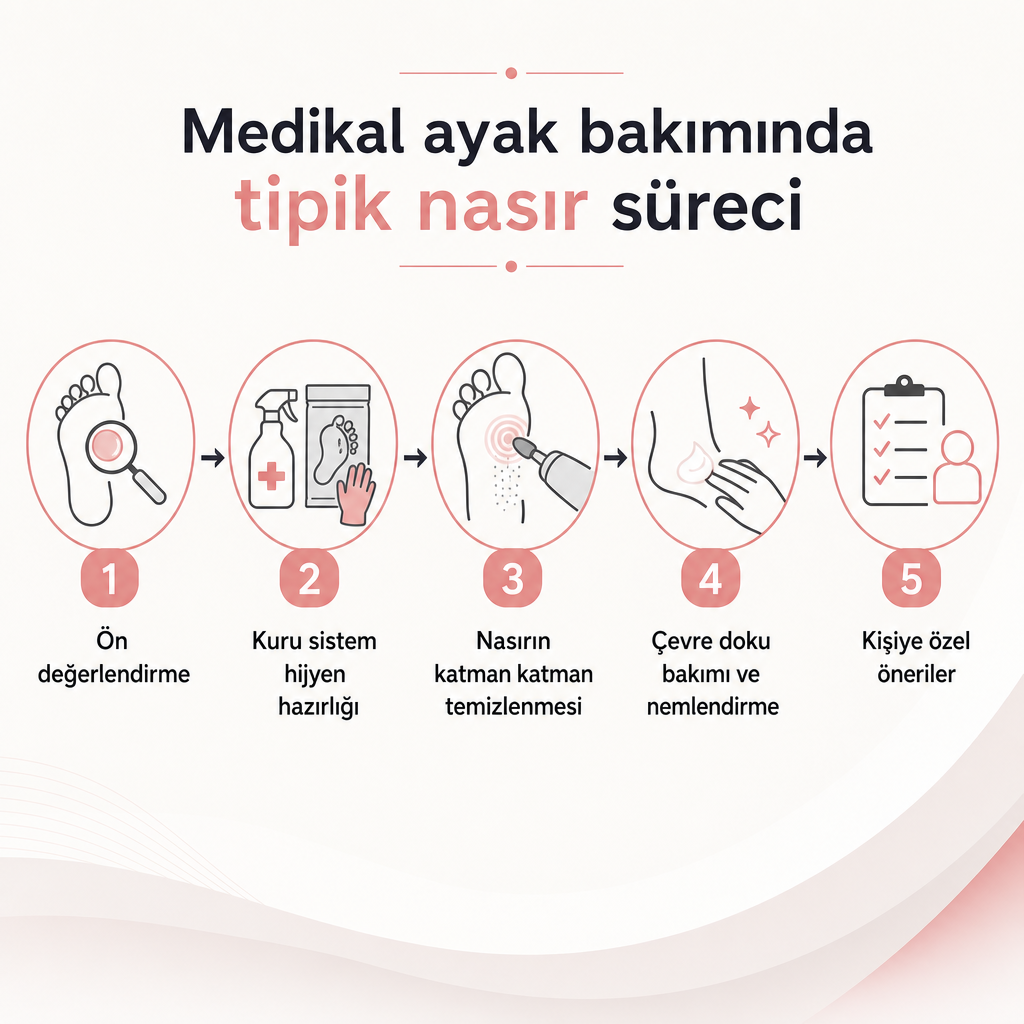 Nasıra yönelik medikal ayak bakımının beş adımlı tipik akışını gösteren süreç şeması.