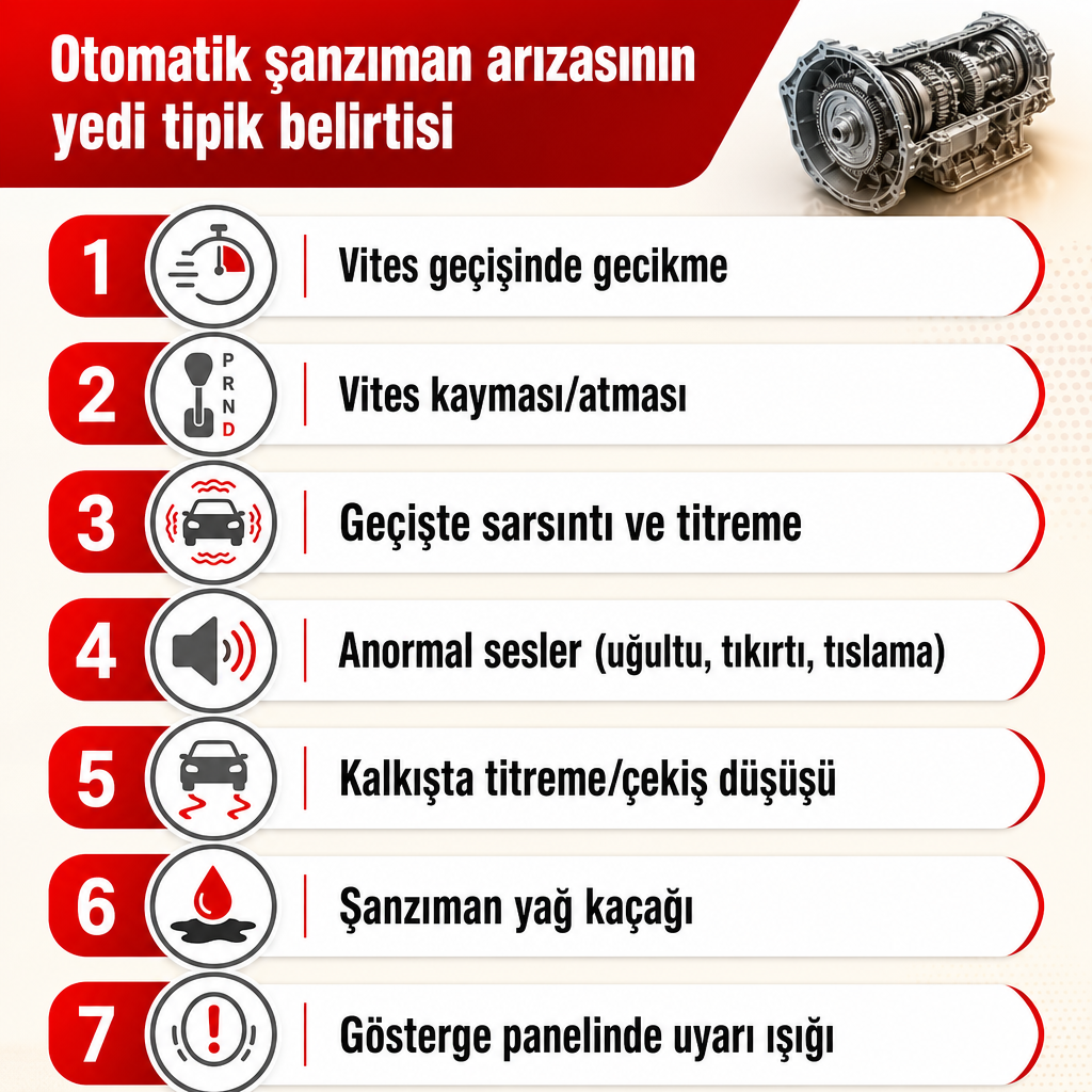 Yedi otomatik şanzıman arıza belirtisini ikonlarla gösteren bilgi grafiği