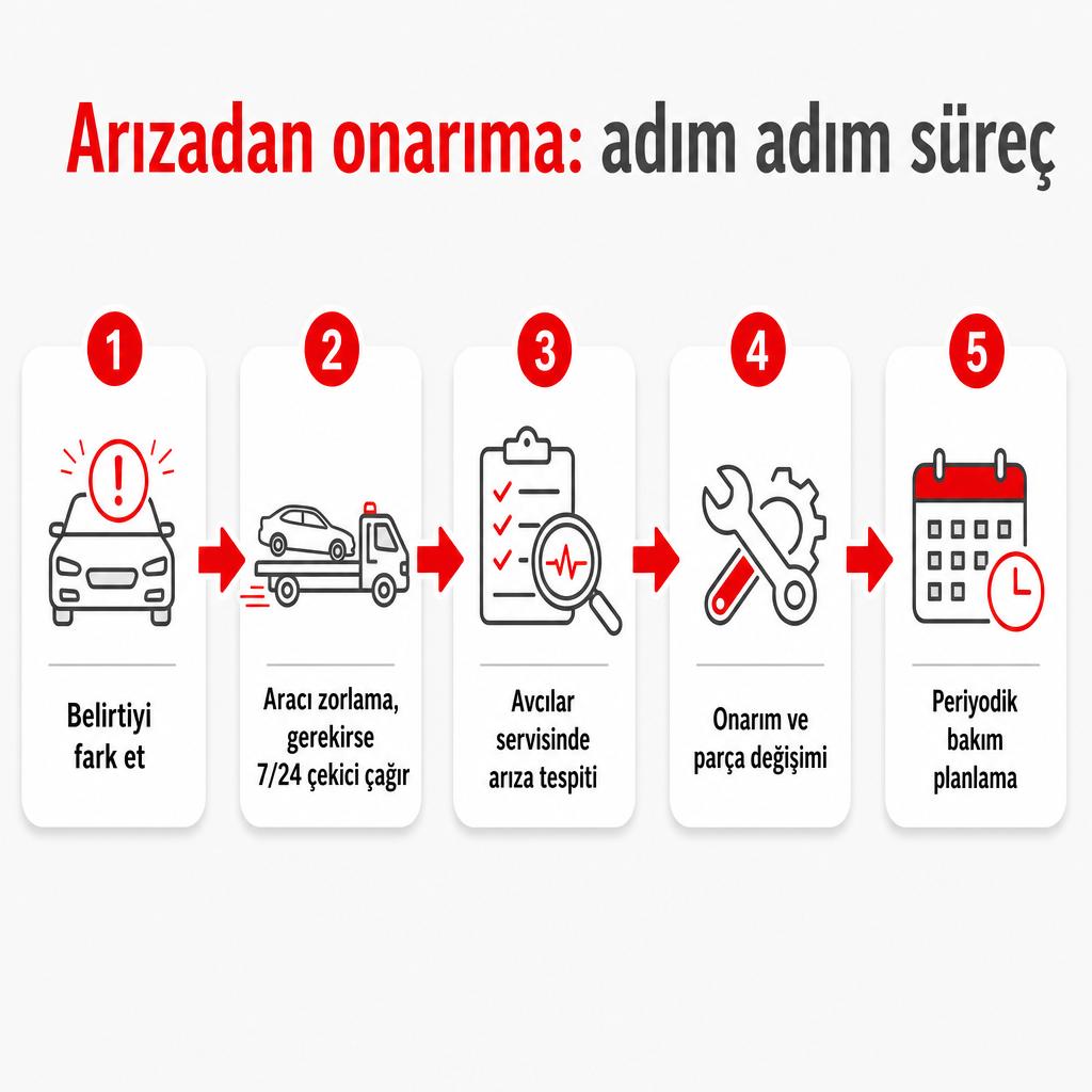 Belirtinin fark edilmesinden periyodik bakıma kadar beş adımlı onarım süreci diyagramı