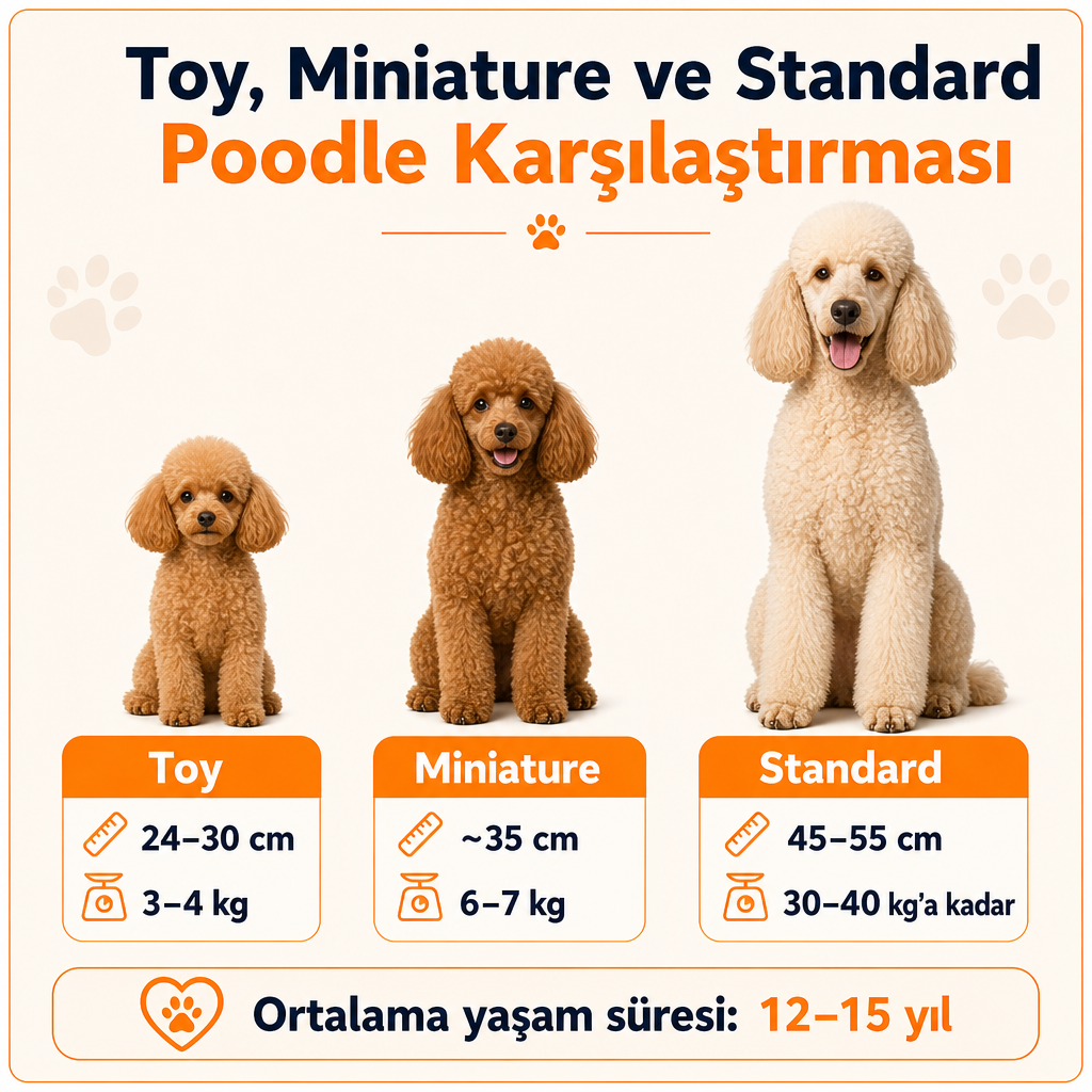 Toy, Miniature ve Standard poodle tiplerinin boy ve kilo değerleriyle karşılaştırıldığı görsel