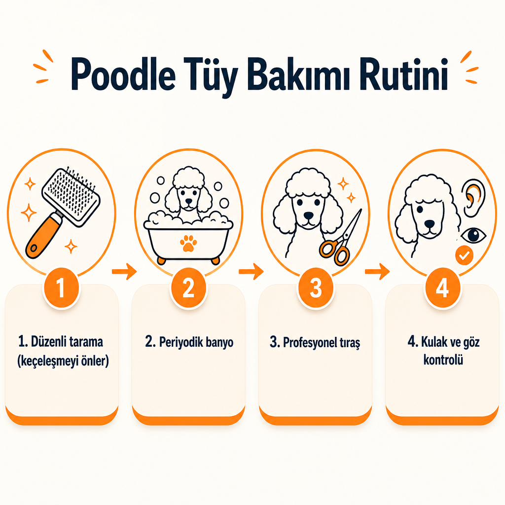 Poodle tüy bakımının dört temel adımını gösteren süreç görseli