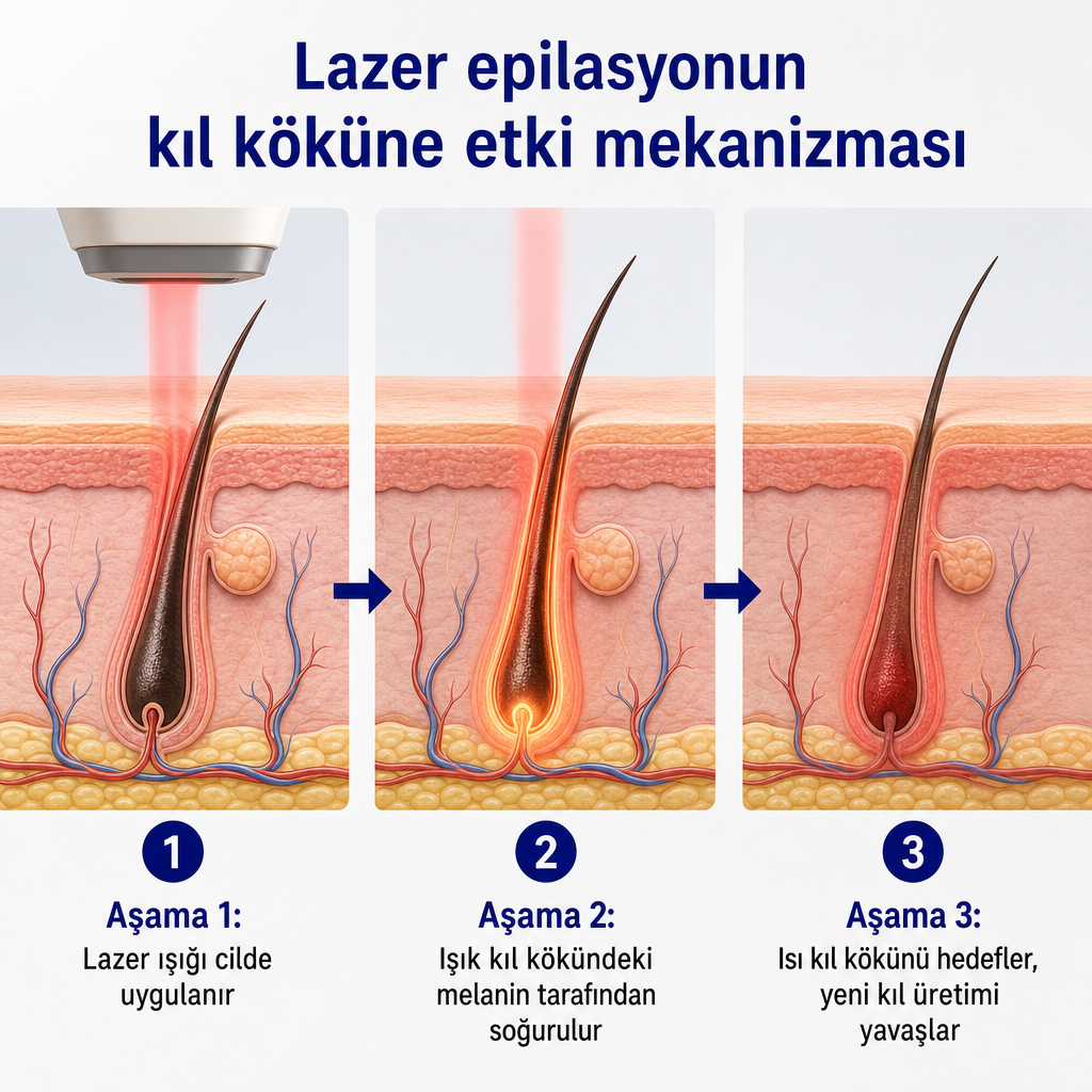 Cilt kesiti üzerinde lazer ışığının kıl köküne ulaşıp ısıya dönüştüğünü gösteren üç aşamalı diyagram