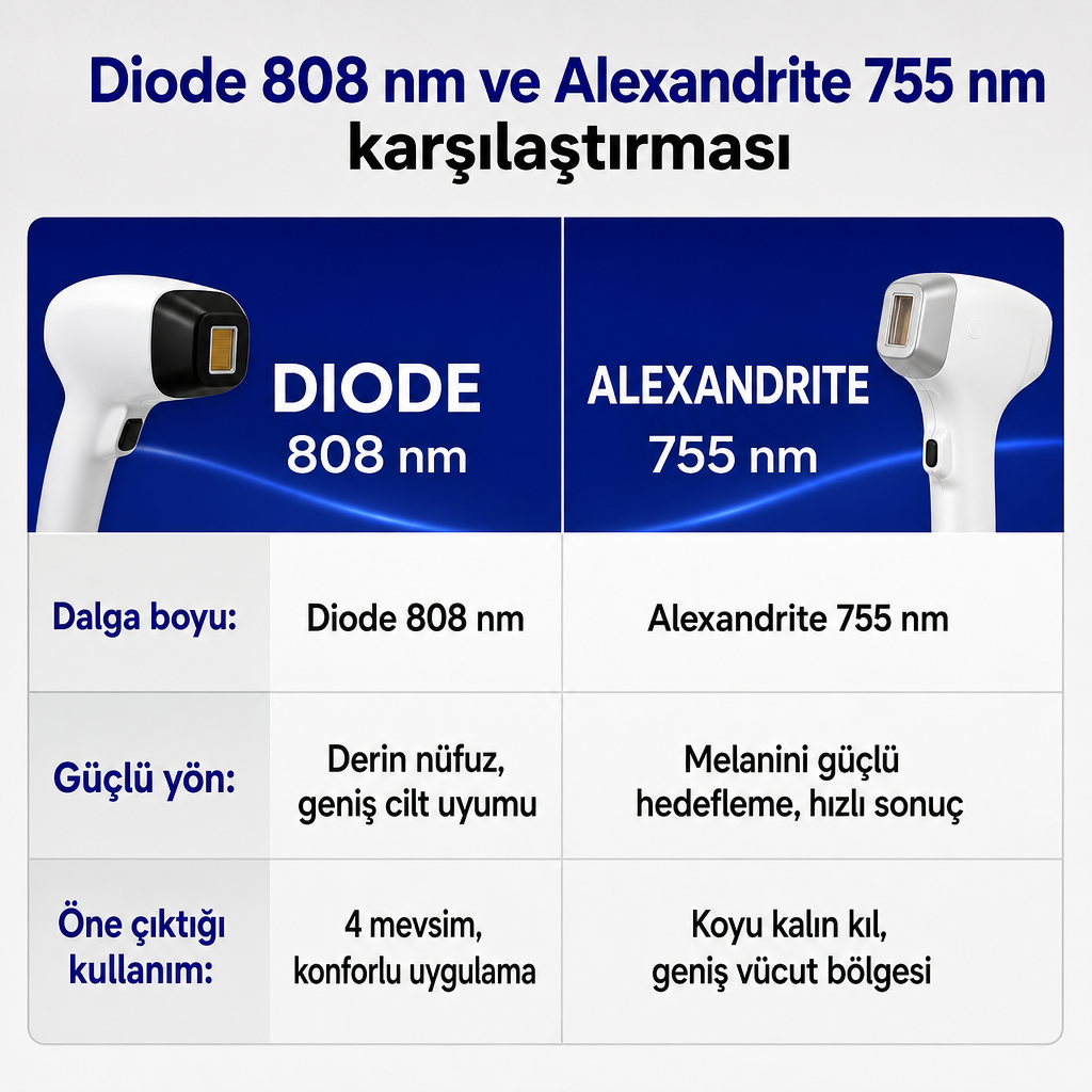 Diode 808 nm ve Alexandrite 755 nm lazerlerin dalga boyu ve güçlü yönlerini karşılaştıran iki sütunlu görsel