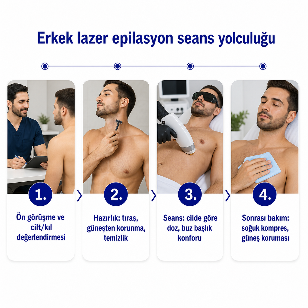 Ön görüşmeden seans sonrası bakıma uzanan dört adımlı erkek lazer epilasyon süreç görseli