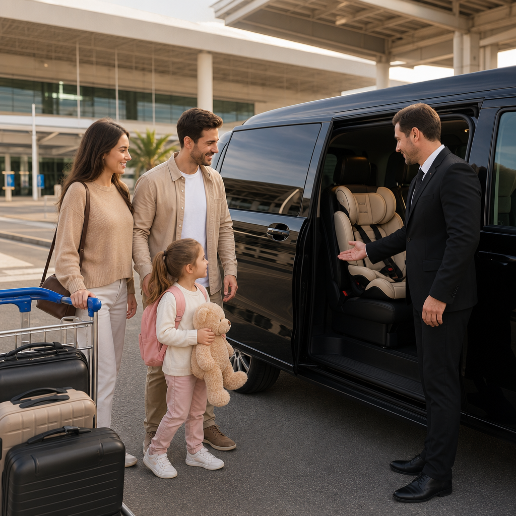 Der Fahrer leitet eine Familie mit Kindern am Flughafenausgang zu einem VIP-Fahrzeug mit bereitstehendem Kindersitz