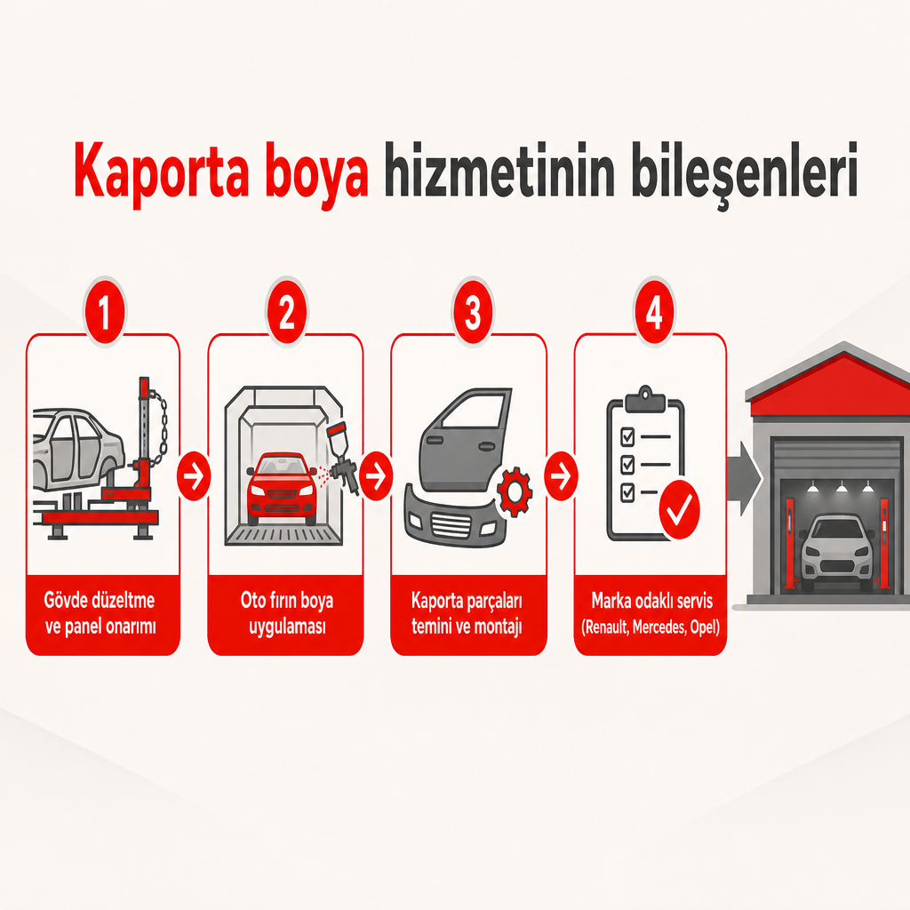 Bahat Oto Servis kaporta boya hizmetinin dört bileşenini gösteren süreç görseli
