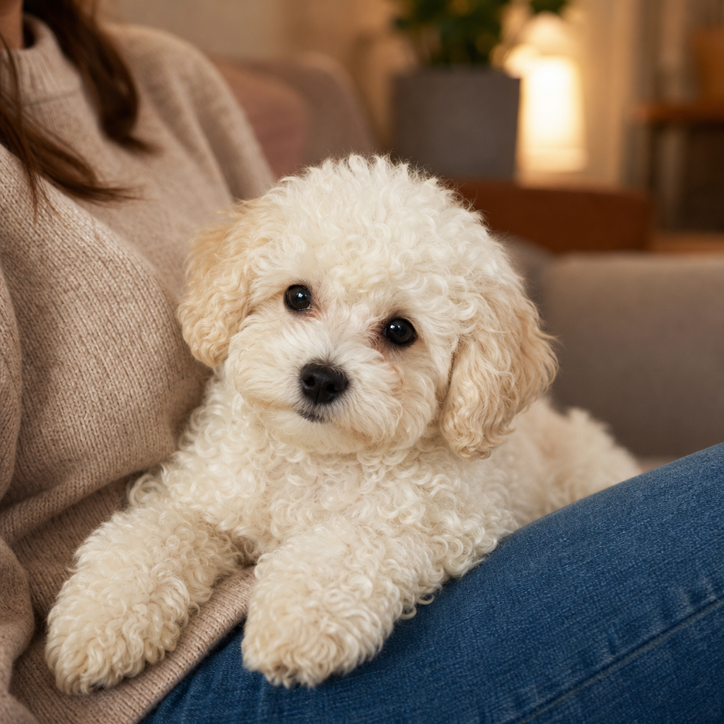 Kıvırcık beyaz tüylü küçük bir Maltipoo yavrusu ev ortamında kucakta dinleniyor