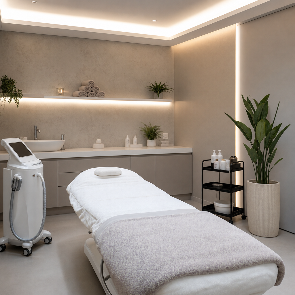 Modern ve temiz bir medikal spa odasının dinlendirici iç görünümü