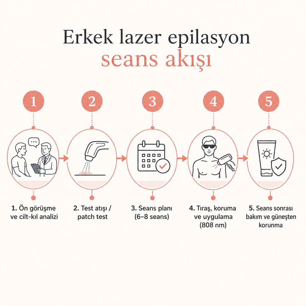 Erkek lazer epilasyonun beş adımlı seans akışını gösteren süreç görseli