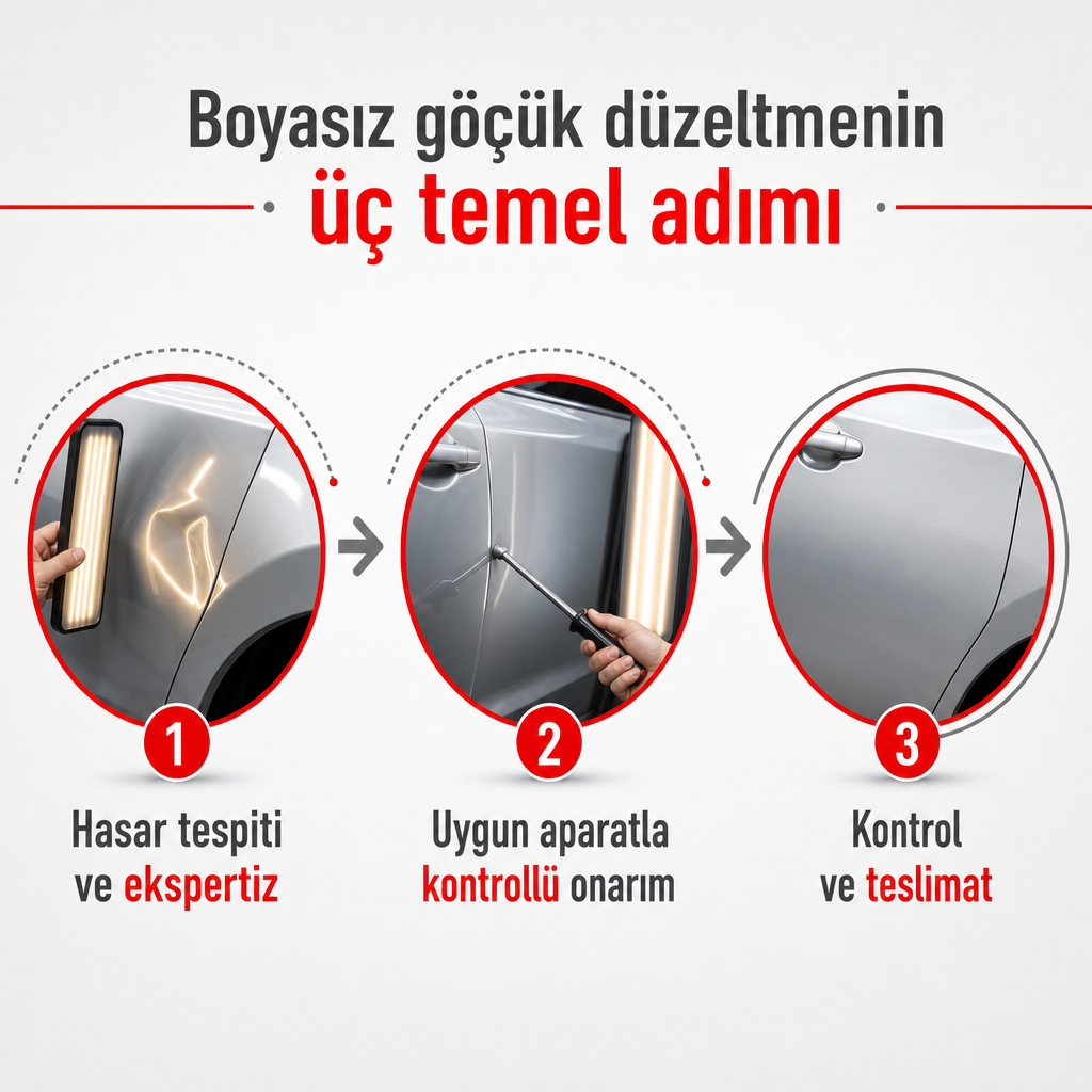 Boyasız göçük düzeltme işleminin hasar tespiti, onarım ve teslimat olarak üç aşamada gösterildiği süreç görseli
