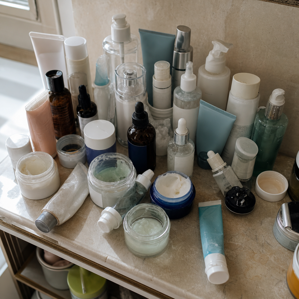 A shelf crowded with many partly used skincare products, illustrating trial-and-error acne routines