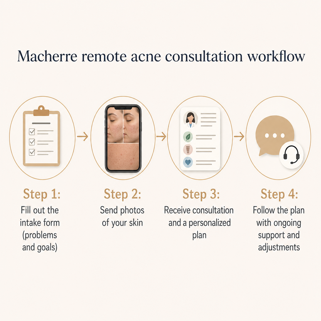 Four-step diagram showing form, skin photos, personalized plan, and ongoing support
