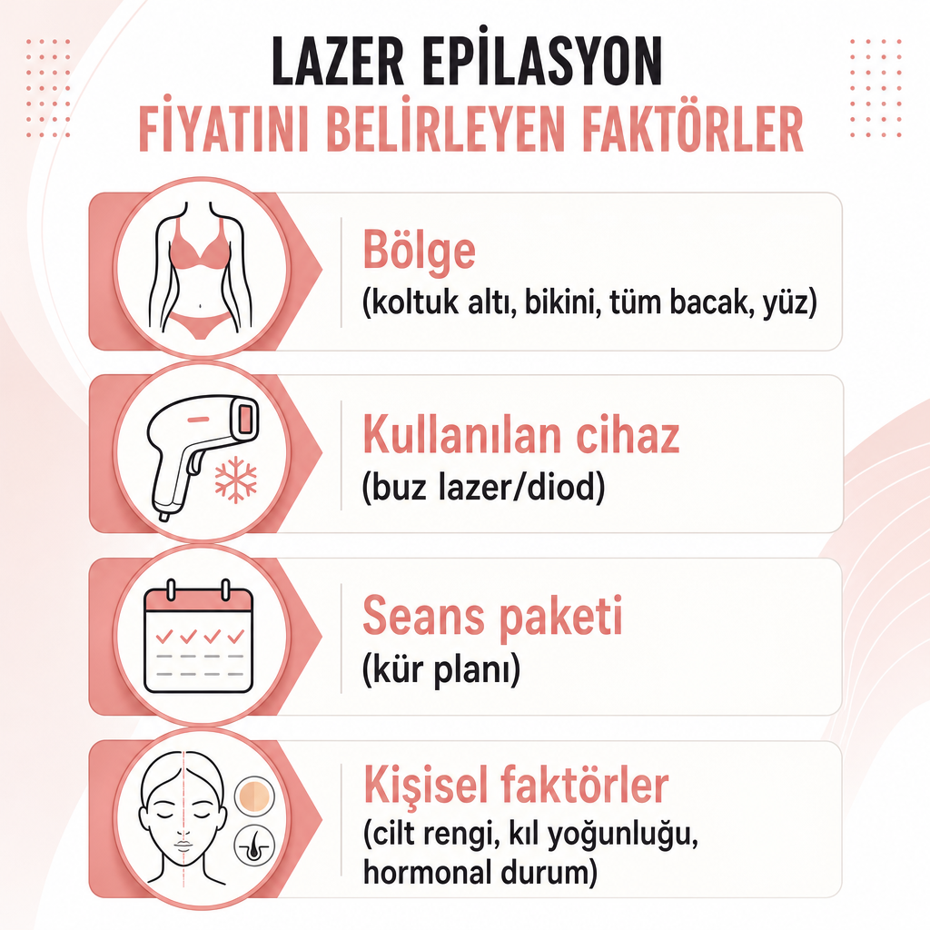 Lazer epilasyon fiyatını belirleyen dört faktörü gösteren infografik: bölge, cihaz, seans paketi ve kişisel faktörler