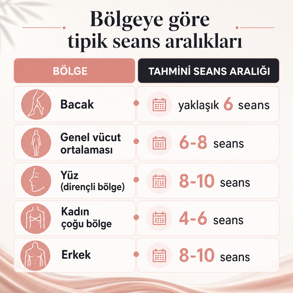Bölgeye göre tahmini lazer epilasyon seans aralıklarını gösteren karşılaştırma görseli