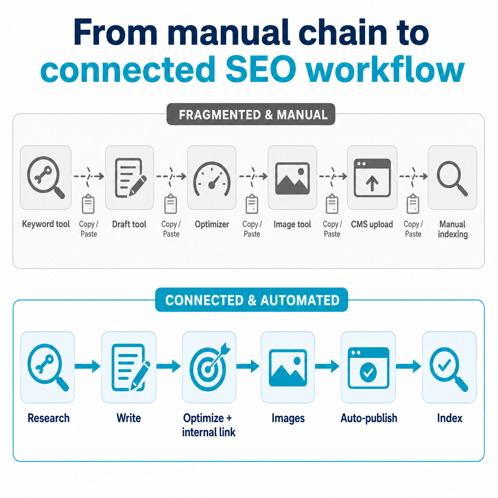 Diagram comparing a fragmented multi-tool SEO process with a single connected automated workflow